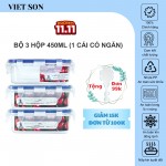 Bộ 3 Hộp Đựng Thực Phẩm Có Vách Ngăn Việt Son 450ml Nắp Khóa 4 Cạnh Kín Hơi